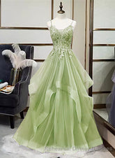A-Line Tulle With Lace Applique Straps Long Party Dress, Green Tulle Semi Formal Prom Dress